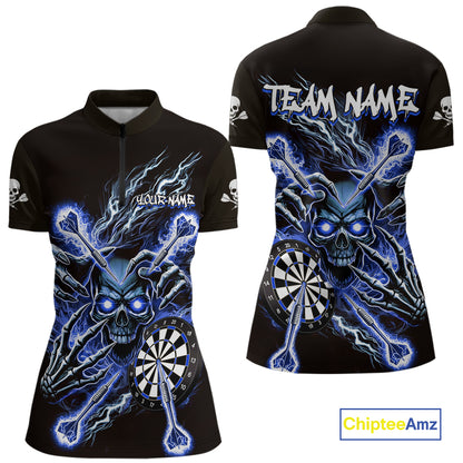 Personalized Blue Skeleton Thunder Lightning Women Dart Quarter- Zip Shirts Skull Dart Jerseys NYN2120