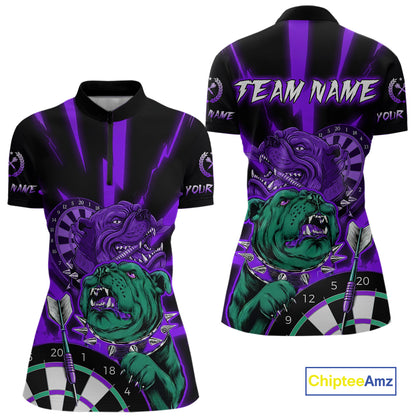 Custom Purple Neon Fierce Bulldog Thunder Women Darts Quarter- Zip Shirt Funny Dart League Jerseys NYN2126