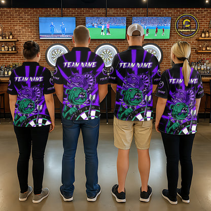 Custom Purple Neon Fierce Bulldog Thunder Men Darts Polo Shirt Funny Dart League Jerseys NYN2126