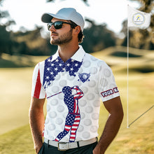 Load image into Gallery viewer, Custom Patriotic Golf Polo Shirts, Grunge US Flag Golf Ball White Men Best Golf Clothing Shirts NYN2991