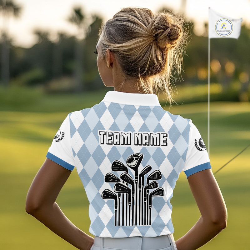 Womens Argyle Pattern Golf Polo Shirts, Blue Argyle Golf Attire Custom Golf Clubs Pattern Upf Shirts NYN2999