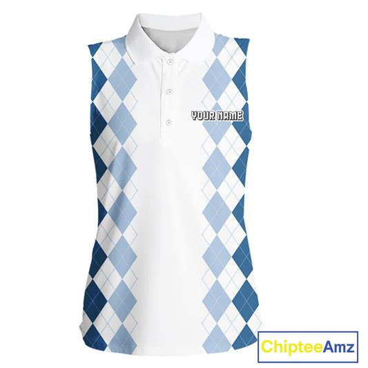 Womens Argyle Pattern Golf Sleeveless Polo Shirts, Blue Argyle Golf Attire Custom Golf Clubs Pattern Upf Shirts NYN2999