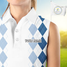 Load image into Gallery viewer, Womens Argyle Pattern Golf Sleeveless Polo Shirts, Blue Argyle Golf Attire Custom Golf Clubs Pattern Upf Shirts NYN2999