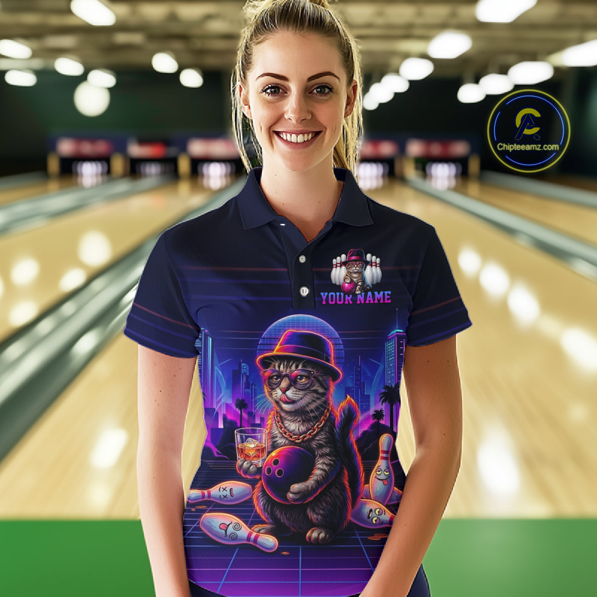 Whisky Cat Funny Bowling Shirt For Women Custom Neon Bowling Polo Quarter Zip Jersey