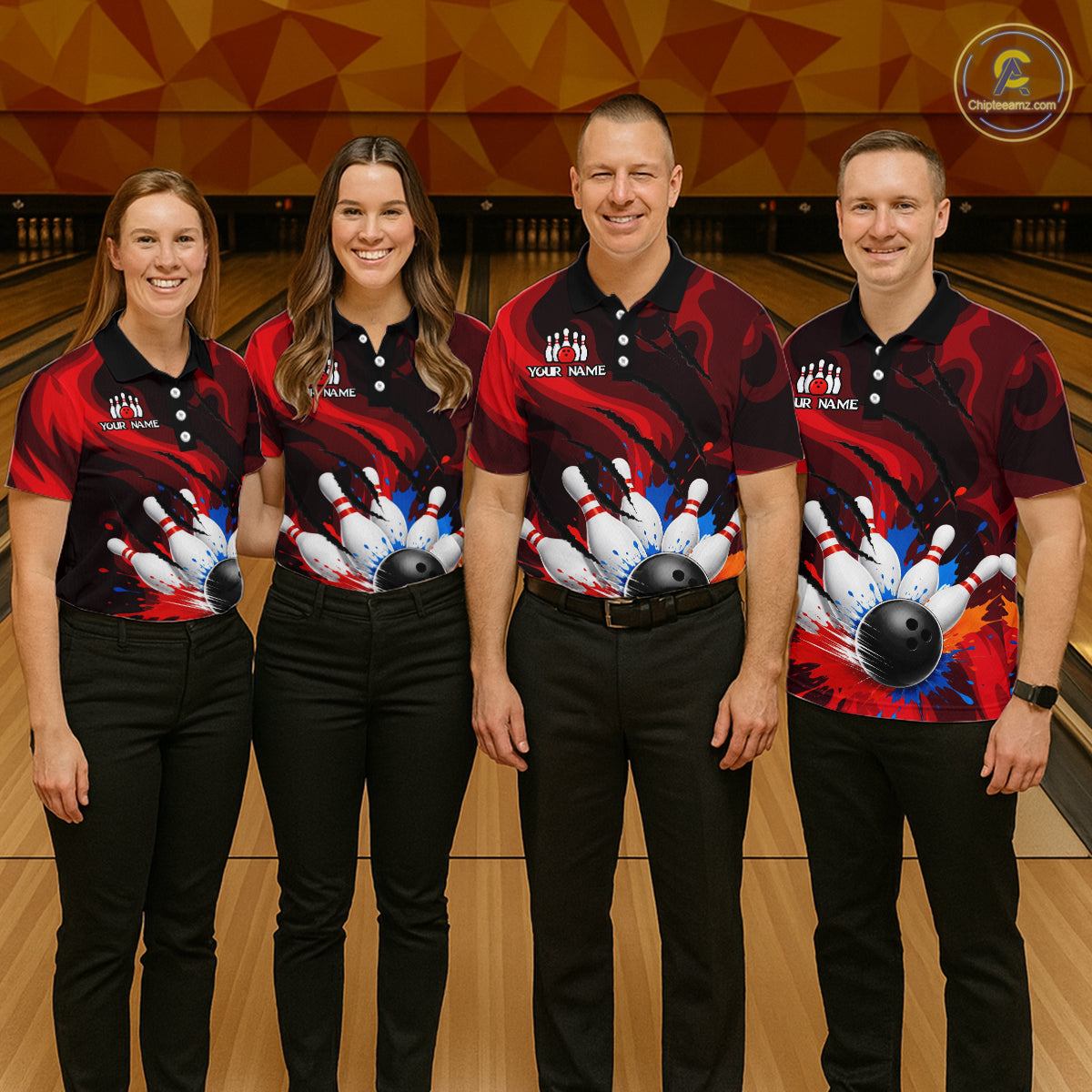 Custom Womens Bowling Colorful Splatter Pin & Ball Shirts, Black & Red Bowling Team Jerseys NYN3420