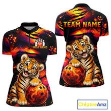 Load image into Gallery viewer, Women's quarter-zip bowling jersey featuring blazing tiger artwork, premium tournament bowling apparel representing confidence, passion and championship excellence.