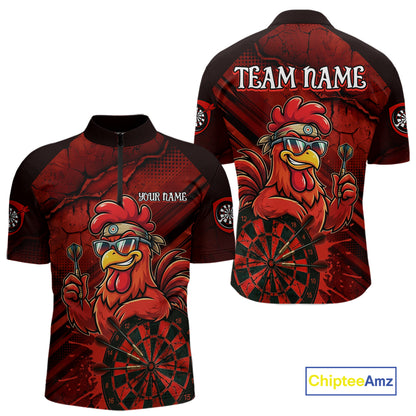 Red Splatter Rooster Darts Polo & 1/4-Zip Shirt For Men Custom Funny Dart Jersey For Darters NYN3005