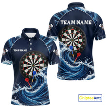 Load image into Gallery viewer, Blue Waving dartboard men's darts polo with dynamic motion artwork, personalized darts team jersey, custom league apparel, professional tournament sportswear