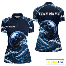 Load image into Gallery viewer, Blue Waving women's quarter-zip bowling shirt featuring vibrant bowling ball graphics, custom league jersey, personalized bowling tournament apparel, athletic performance uniform, championship bowling clothing