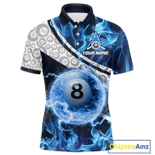 Personalized Blue Flaming Thunder 8 Ball Pool Billiard Shirts For Men Billiard Attire Gifts NYN2802