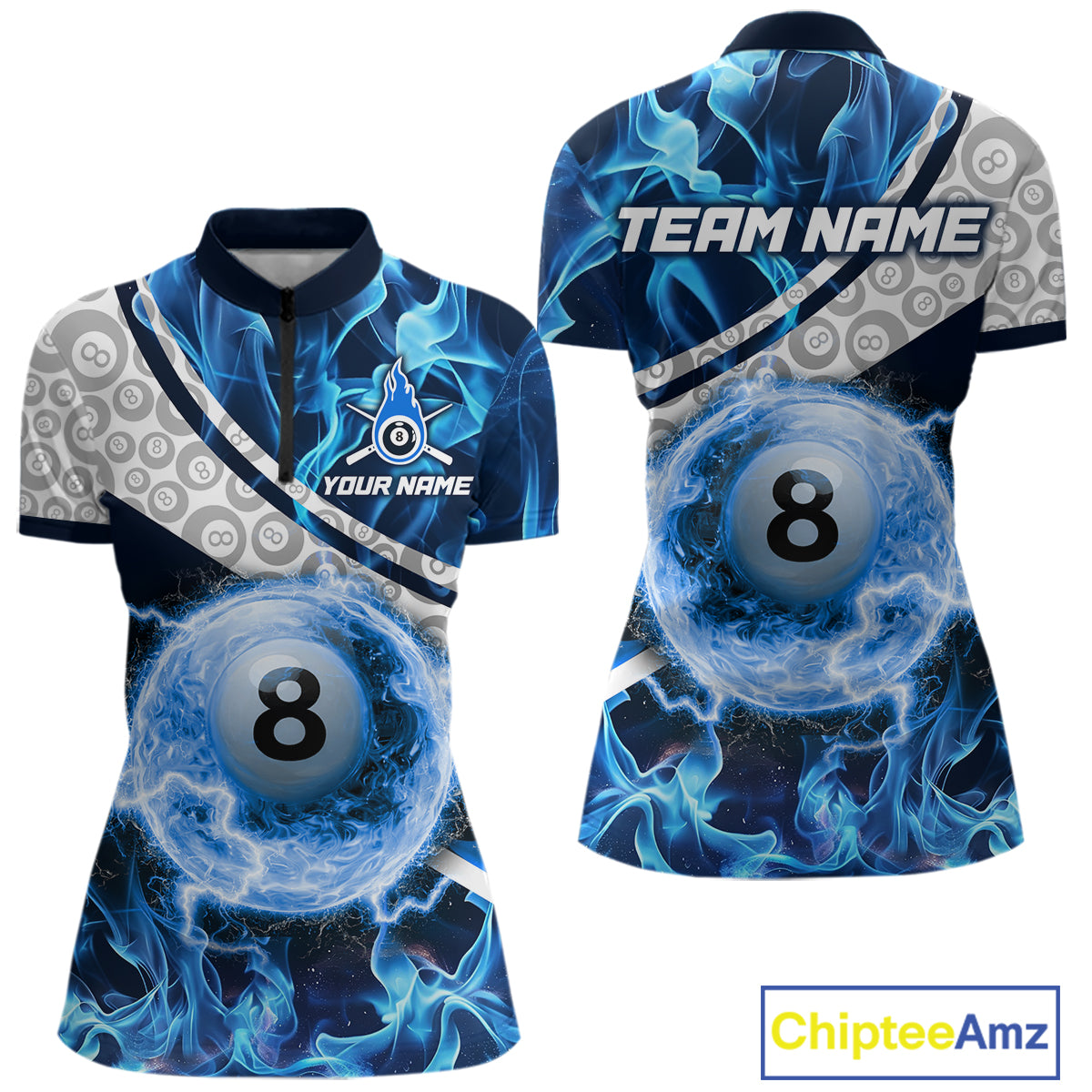 Personalized Blue Flaming Thunder 8 Ball Pool Billiard Shirts For Women Billiard Attire Gifts NYN2802