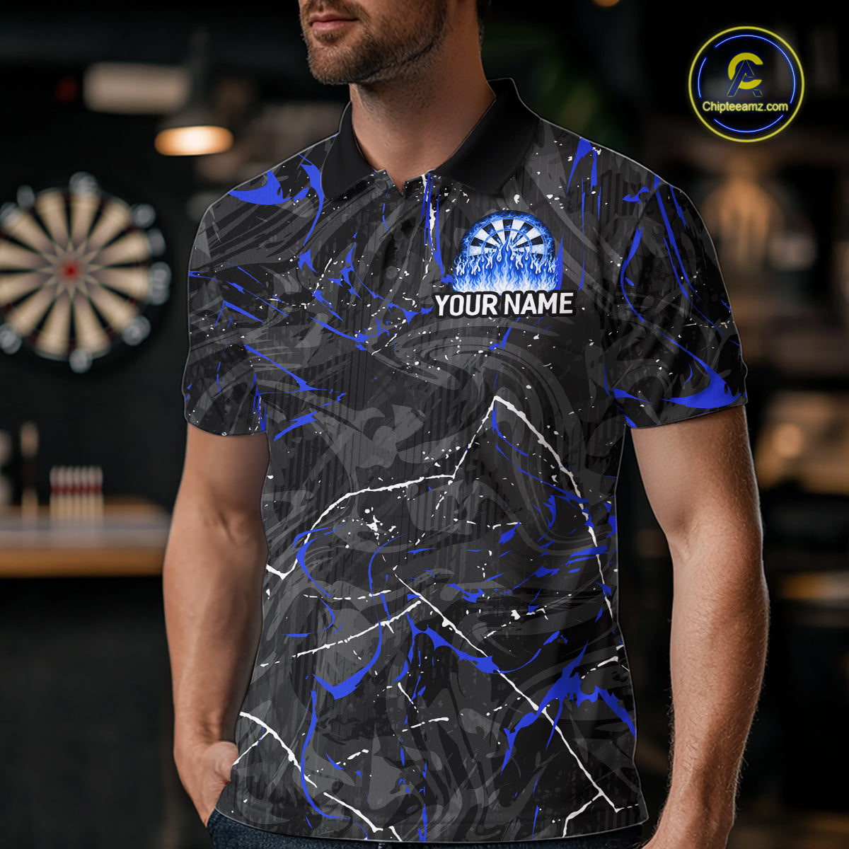 Custom Grey Blue Flaming Dartboard Darts Men Polo & 1/4-Zip Shirts Dart Team Jerseys NYN2806