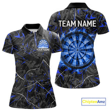 Load image into Gallery viewer, Custom Grey Blue Flaming Dartboard Darts Women Polo &amp; 1/4-Zip Shirts Dart Team Jerseys NYN2806