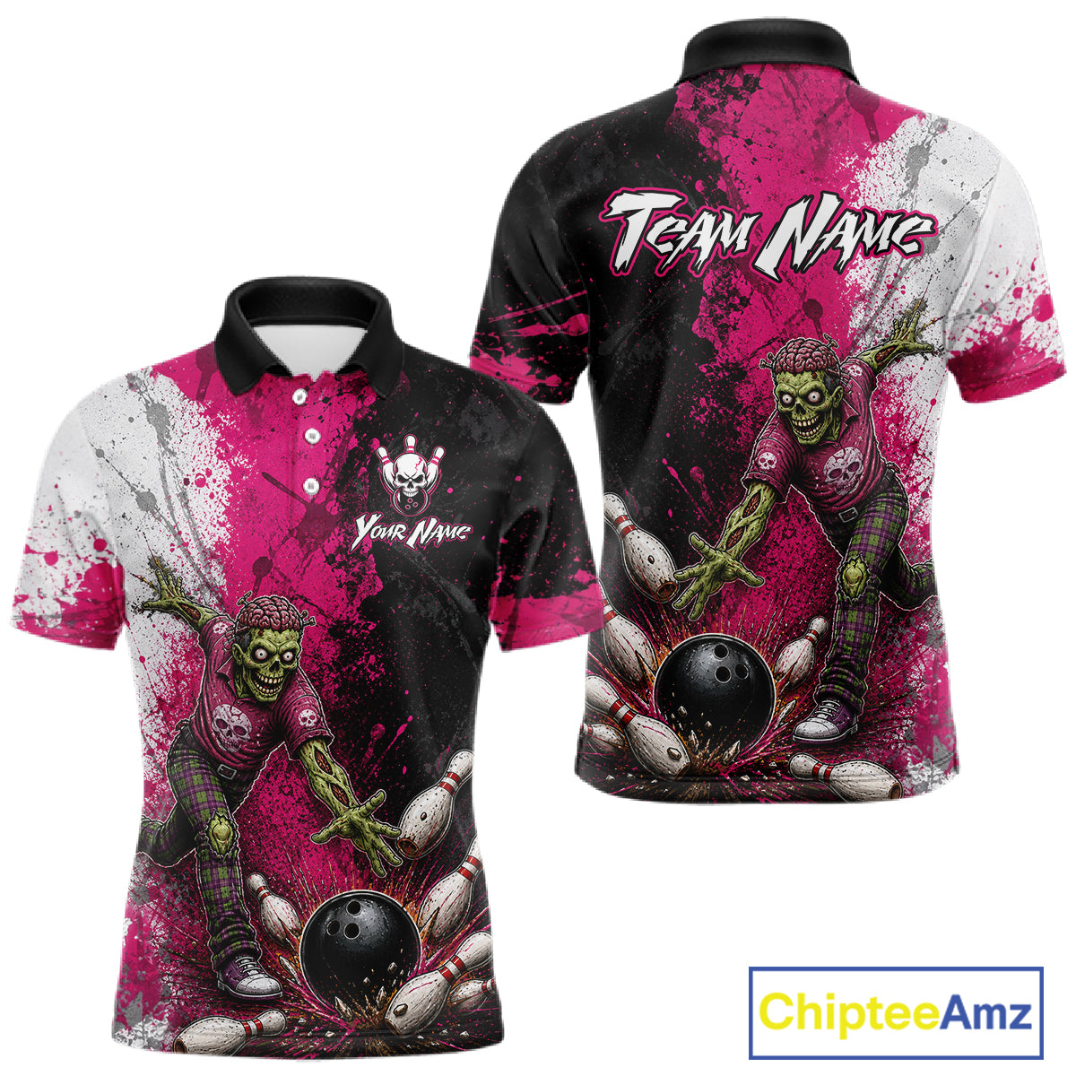 Grunge Black, White And Pink Zombie Men Bowling Shirts Personalized Skull Bowling Team Outfits NYN3188