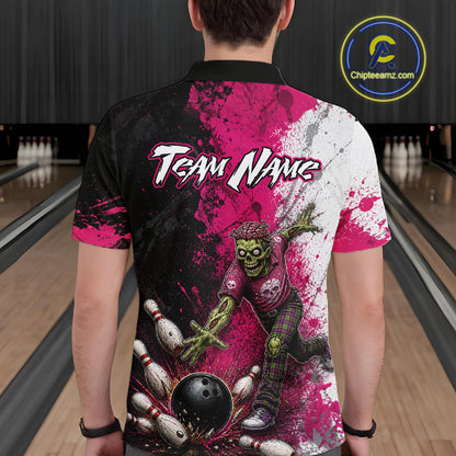 Grunge Black, White And Pink Zombie Men Bowling Shirts Personalized Skull Bowling Team Outfits NYN3188
