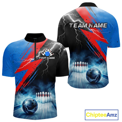 Thunder lightning bowling polo quarter zip shirt for men blue smoke bowling jersey