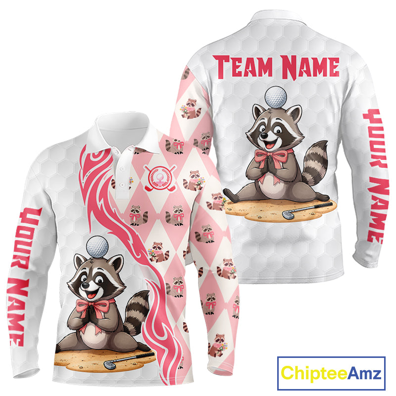 Pink and White Glitter Raccoon Men's Golf Polo Shirt mockup featuring glitter raccoon design, personalized golf apparel, custom golf team polo, woodland golf fashion.