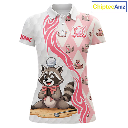 1 Pink and White Glitter Raccoon Women's Golf Polo Shirt mockup, personalized golf polo, glitter golf apparel, raccoon mascot golf clothing, custom golf team uniform, stylish golf fashion.