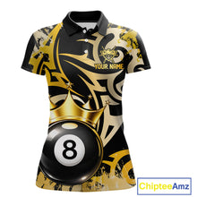 Load image into Gallery viewer, Gold Tribal Crown 8 Ball Pool Women Polo &amp; 1/4-Zip Team Shirt Custom Billiards Ball Jerseys NYN2429
