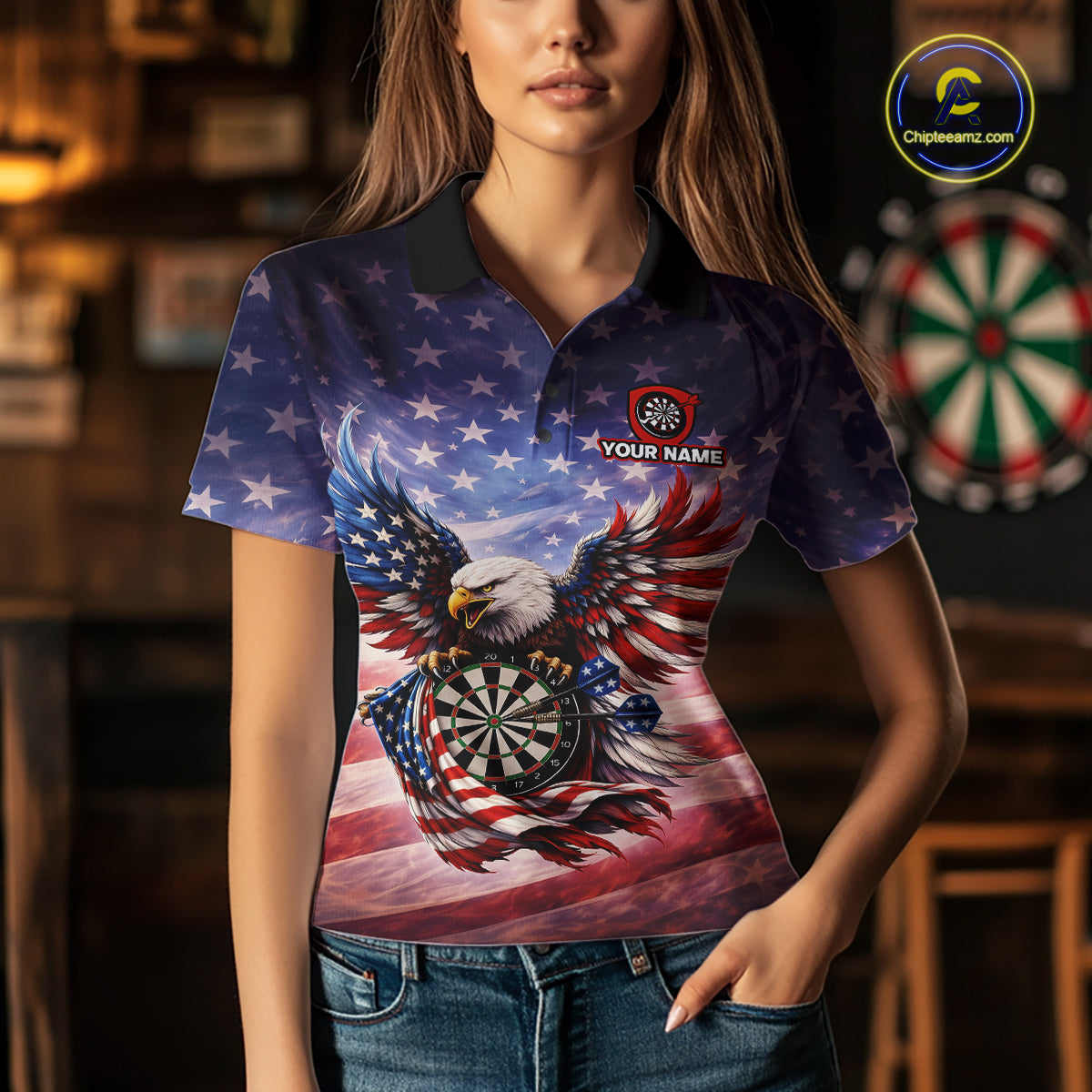 American Flag Eagle Dartboard & Arrow Women Darts Polo Shirt Custom Patriotic Dart Team Shirt NYN2659