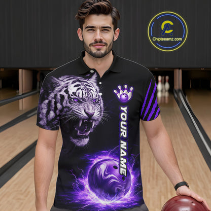 Purple Flames Tiger Custom Men Bowling Polo & Quarter-Zip Shirts Flame Bowling Team Jerseys NYN3012