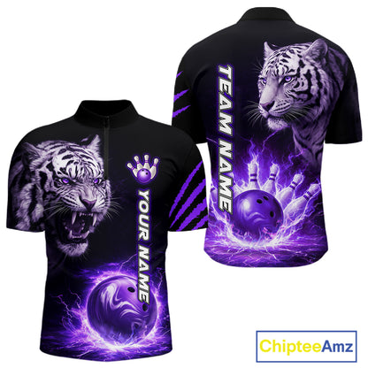 Purple Flames Tiger Custom Men Bowling Polo & Quarter-Zip Shirts Flame Bowling Team Jerseys NYN3012