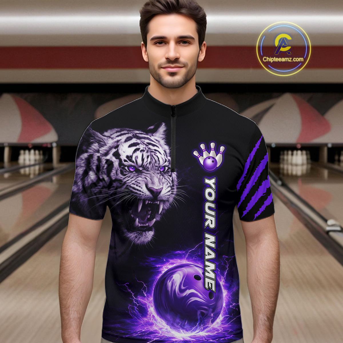 Purple Flames Tiger Custom Men Bowling Polo & Quarter-Zip Shirts Flame Bowling Team Jerseys NYN3012