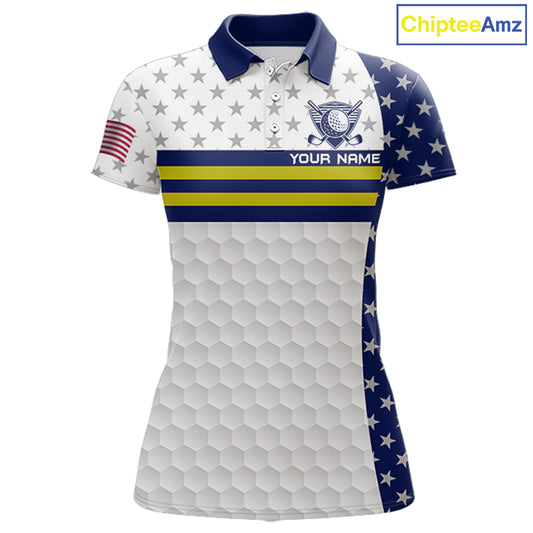American Flag Womens Golf Polo Shirt Custom Yellow And Blue Patriotic Golf Team Shirt Golf Tops NYN4042