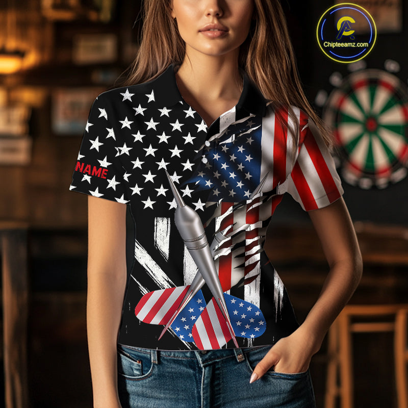 Custom USA Flag Dart Arrow Dart Women Polo Shirt Grunge Patriotic Dart Team Jerseys NYN1627