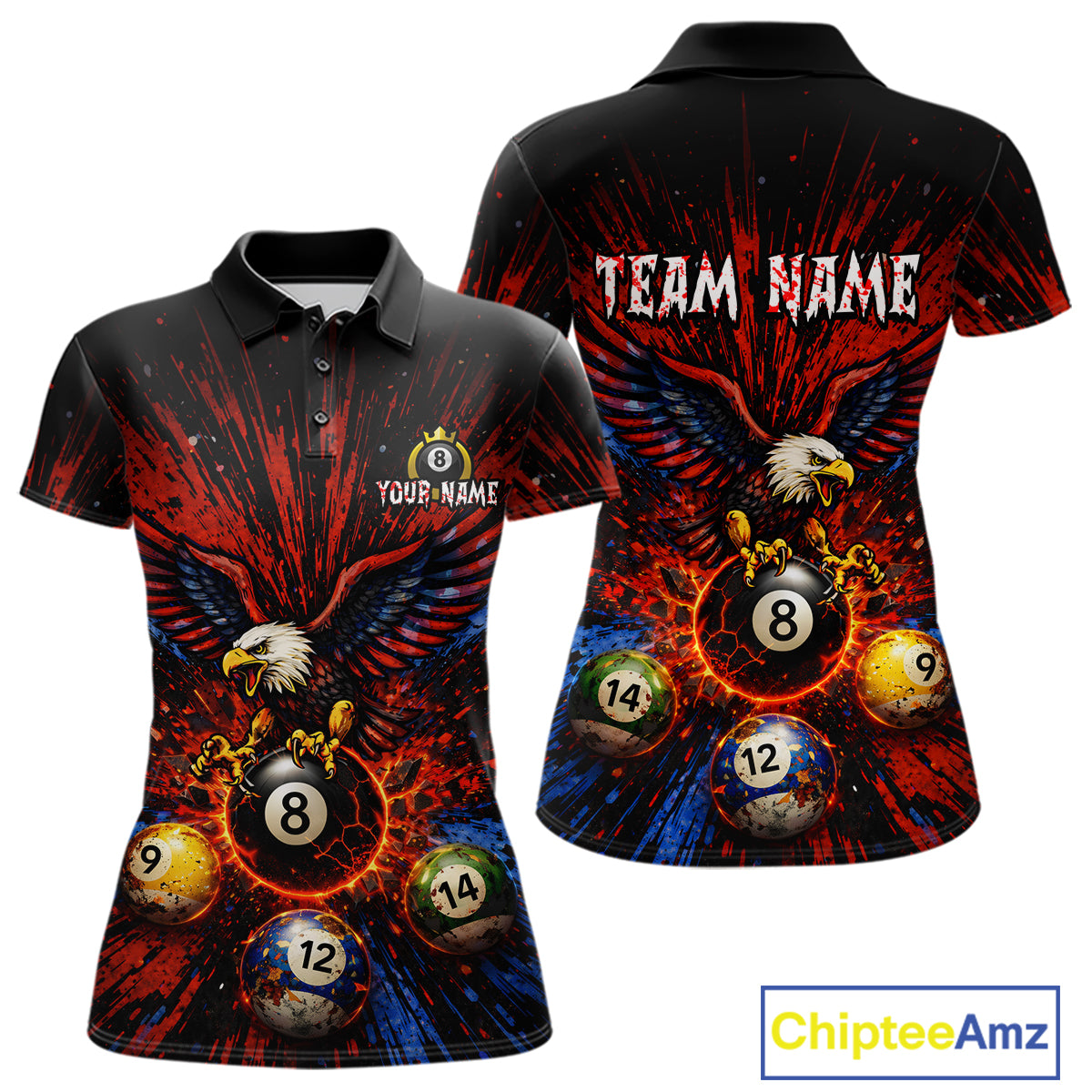 Custom Grunge Paint Blue & Red Eagle Pool 8 Ball Women's Billiard Team Shirt Billiard Attire NYN2670