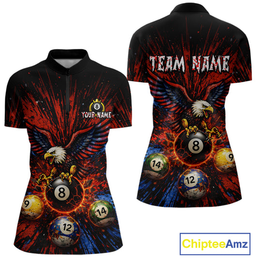 Custom Grunge Paint Blue & Red Eagle Pool 8 Ball Women's Billiard Team Shirt Billiard Attire NYN2670