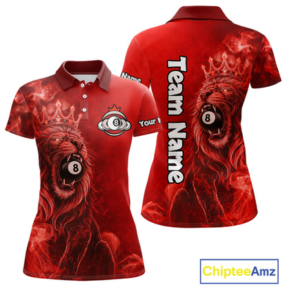 Personalized Red Grunge Smoke Crown Lion 8 Ball Pool Billiard Shirts For Women Billiard Attire Gifts NYN2826