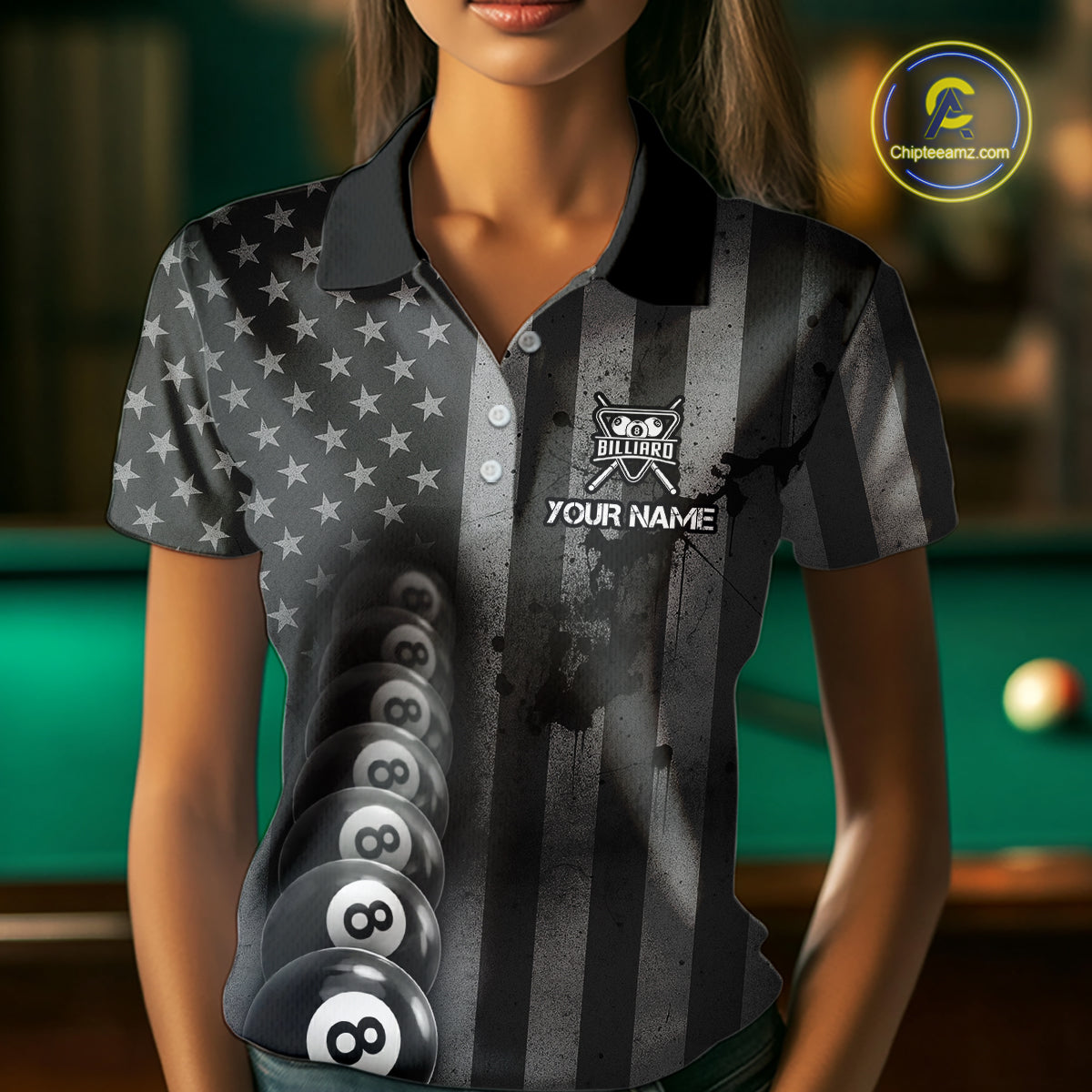 Grunge US Flag Blur 8 Ball Pool Billiard Team Shirt For Women Custom Patriotic Billiards Ball Attire NYN2470