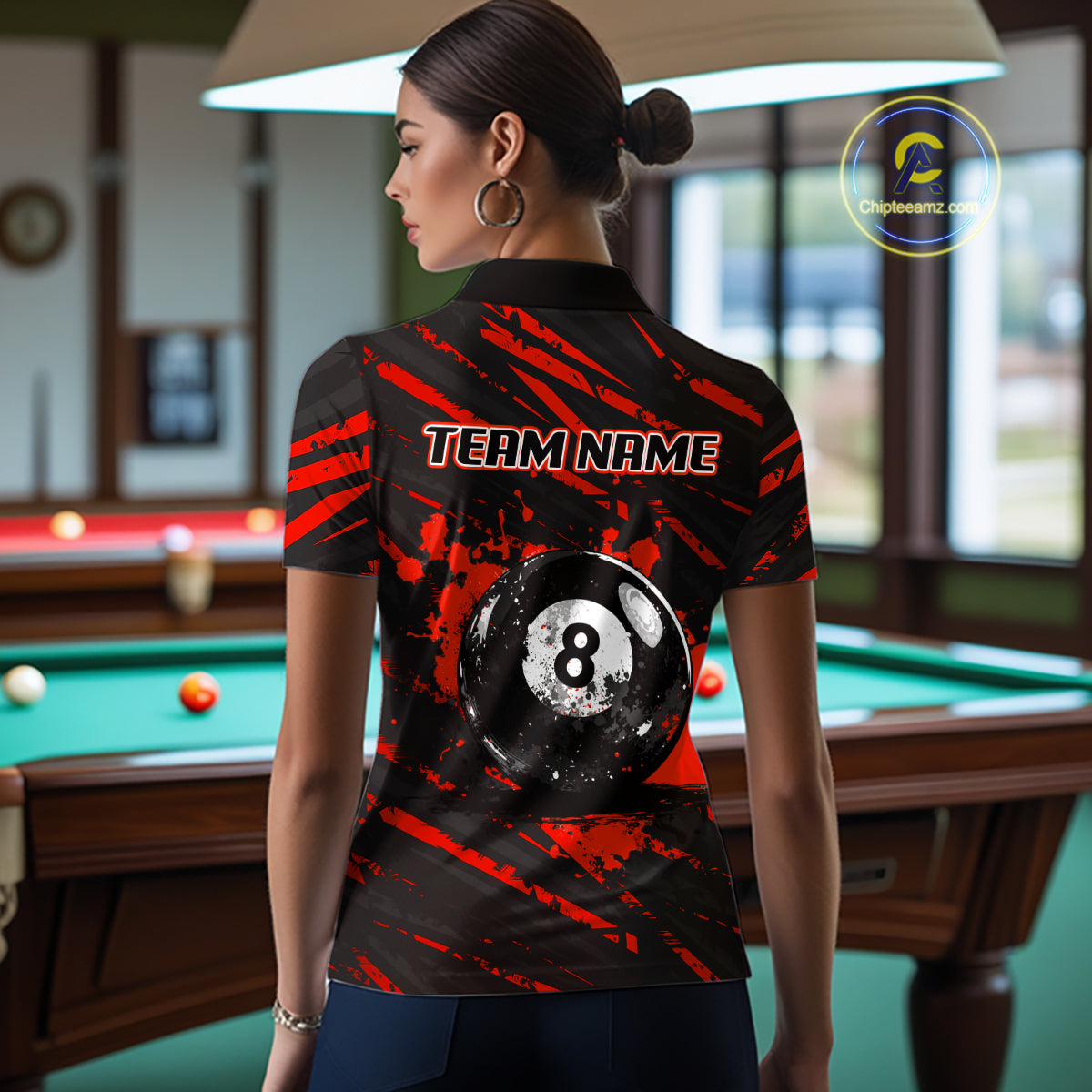 Red Splatter Ball 8 Billiard Jerseys For Women Custom Funny Bulldog Billiard Team Jersey NYN2828