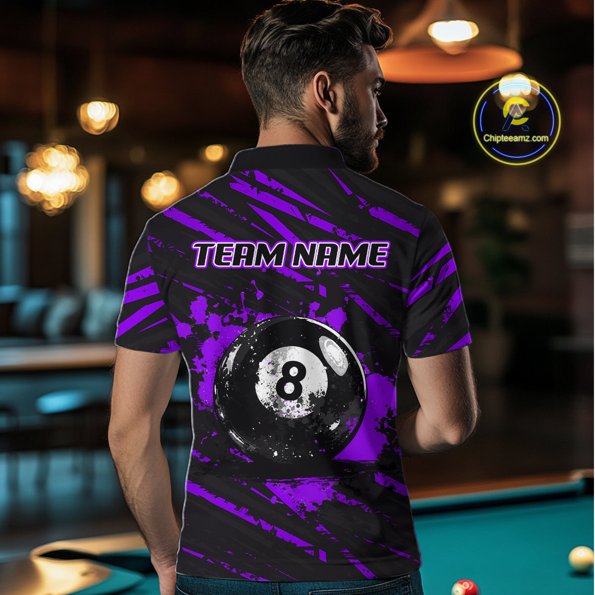 Purple Splatter Ball 8 Billiard Jerseys For Men Custom Funny Bulldog Billiard Team Jersey NYN2829