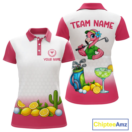 Womens Flamingo Tropical Polo Golf Shirts Custom Pink And White Ball Golf Attire For Golfers NYN3061