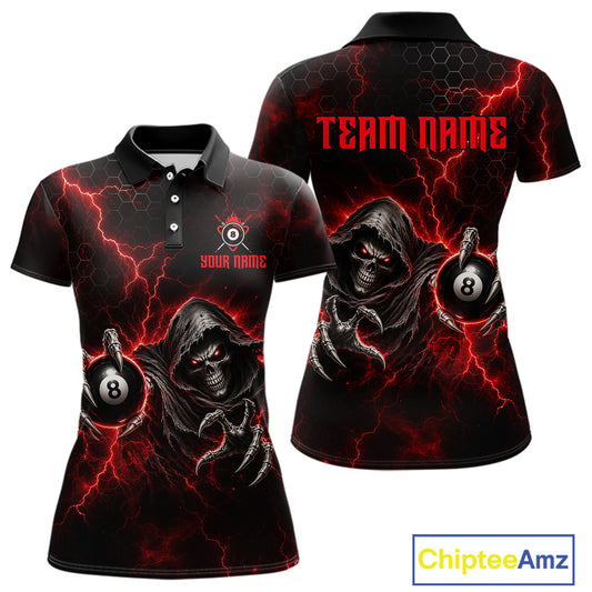 Custom Red Grim Reaper Thunder 8 Ball Pool Billiard Shirt For Women, Billiard Team Jersey NYN3778