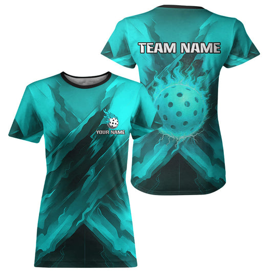 Custom Fire Flame Turquoise Pickleball Ball T-Shirt For Women Outfits Pickleball Jerseys NYN2485