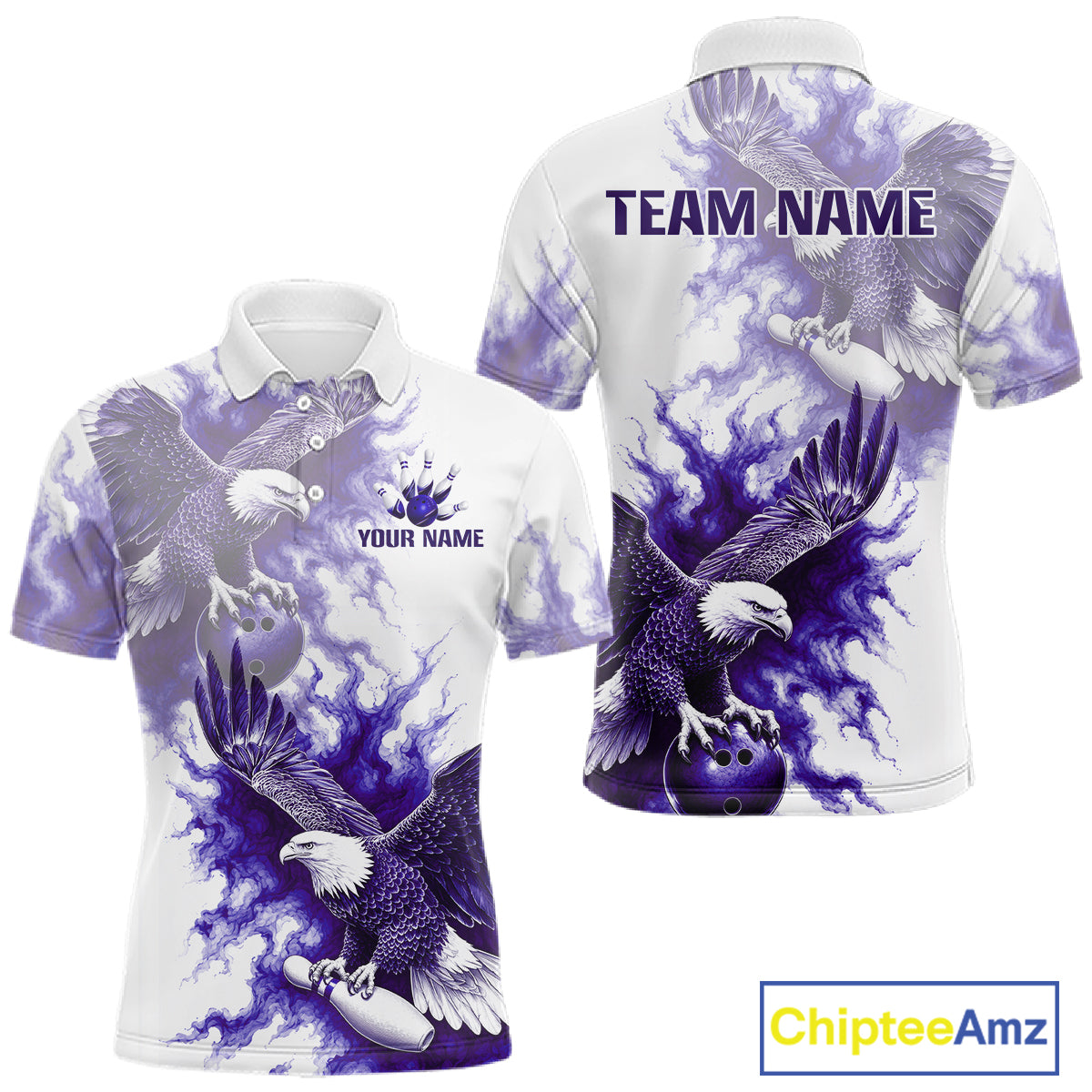 Purple & White Eagle Bowling Polo featuring custom player name, majestic eagle artwork, moisture-wicking bowling apparel, personalized tournament jersey, championship sportswear.