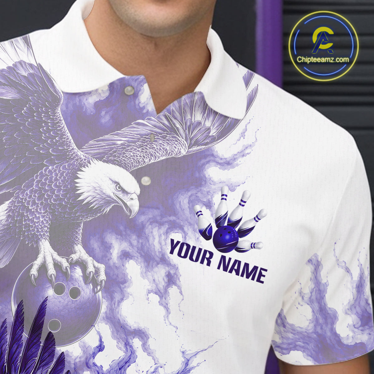 Male athlete wearing Purple Eagle bowling polo, eagle symbolism, leadership, courage, competitive bowling apparel, championship sportswear.