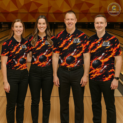 Black And Red Fire Bowling Shirt For Men Custom Flame Bowling Team Polo Quarter-Zip Shirt NYN4095