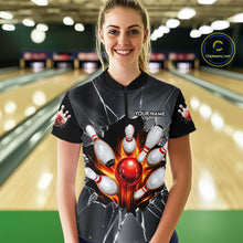 Load image into Gallery viewer, Grey Broken Glass Bowling Shirt For Women Custom Fire Flame Outfit Bowling Jersey | Red NYN3230
