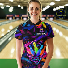 Load image into Gallery viewer, Female bowler wearing Neon Tornado Bowling Pins bowling jersey during tournament and league play