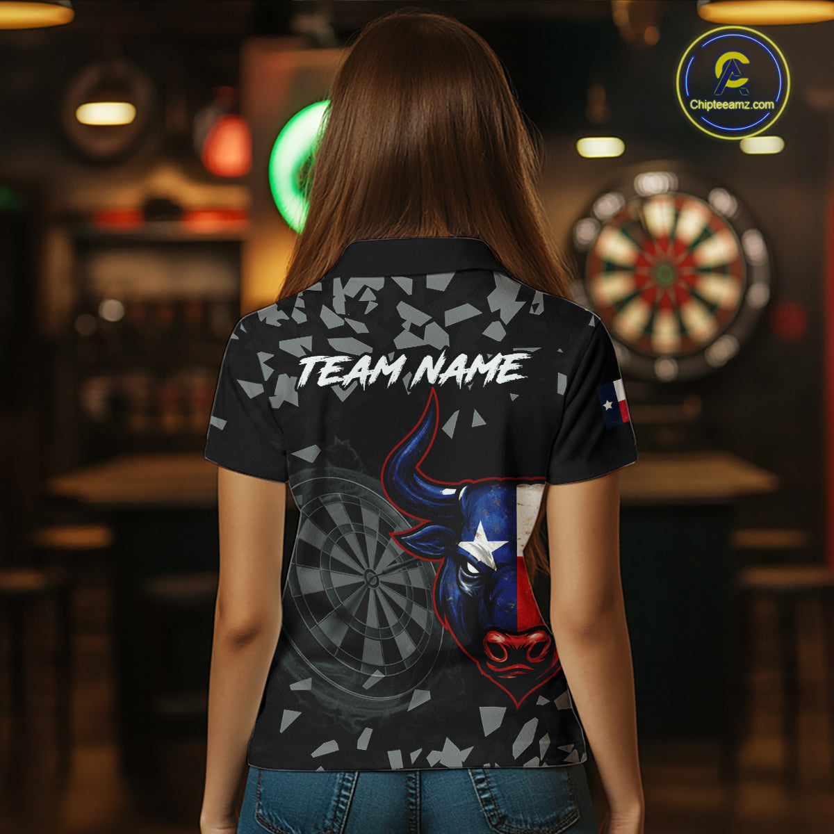 Texas Flag Bull & Dartboard Custom Grunge Women Darts Polo Shirt Patriotic Darts Team Jersey NYN2716