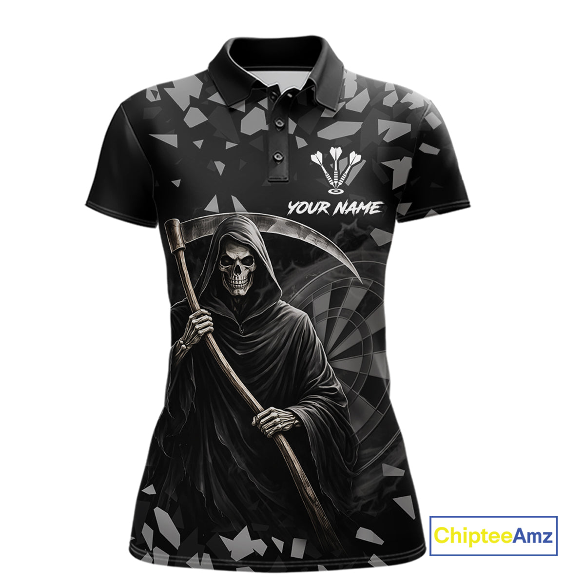 Grey Grim Reaper Smoke Dartboard Custom Grunge Women Darts Polo Shirt Darts Team Jersey NYN2718