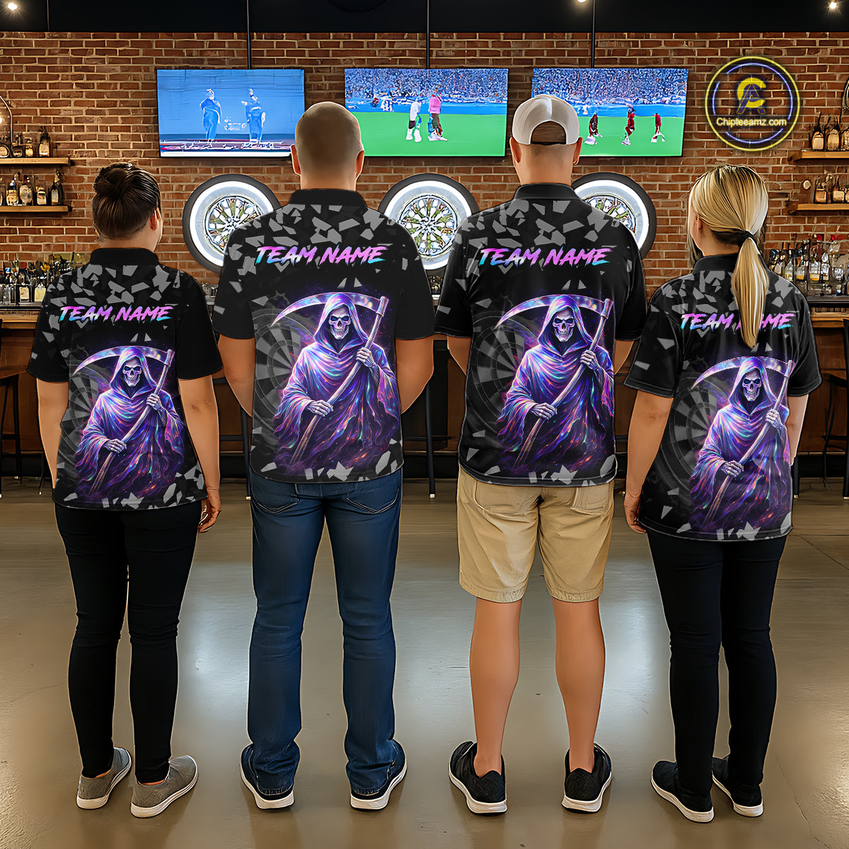 Holographic Grim Reaper Smoke Dartboard Custom Men Darts Polo Shirt Dart Team Jersey NYN2720