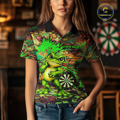 Personalized Funny Dart Shirt Cartoon Frog Dartboard Polo Quarter Zip Shirt Custom Team Shirt For Women NYN2858