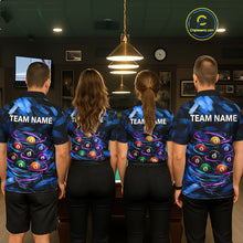 Load image into Gallery viewer, Women's billiard team wearing Neon Blue Light custom billiards uniforms, personalized pool team jerseys