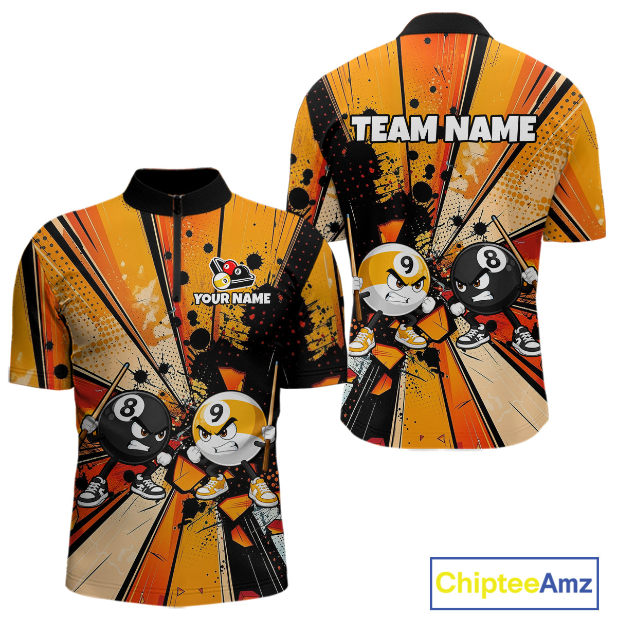 Funny 8 Ball & 9 Ball Quarter-Zip Pool Jersey featuring personalized team logo, breathable performance fabric, custom billiard tournament clothing, fun sportswear.