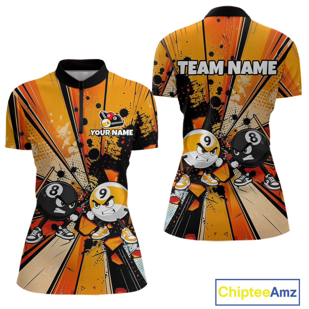 Funny 8 Ball & 9 Ball Quarter-Zip Billiard Shirt featuring custom team graphics, quick-dry athletic jersey, playful cue sports artwork, tournament apparel.